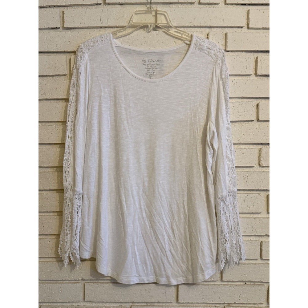Chicos 2 Women's White Long Sleeve Long Blouse Lace Trim Sleeves Boho Sz Lg
